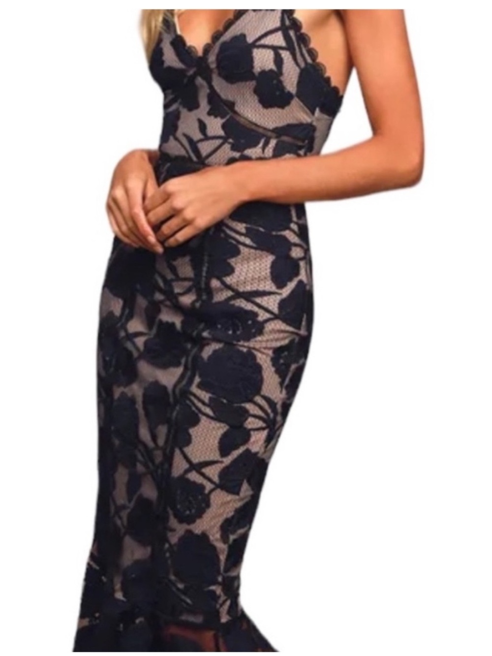 NWT Lulu's Navy Blue Lace Overlay Nude-Illusion Backless Midi Dress - Picture 3 of 7